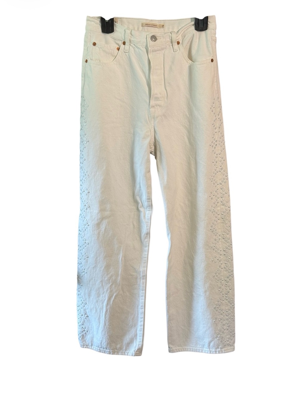 Levi’s Premium Ribcage Straight Ankle Jeans W29 White Studded High Rise - Picture 2 of 6